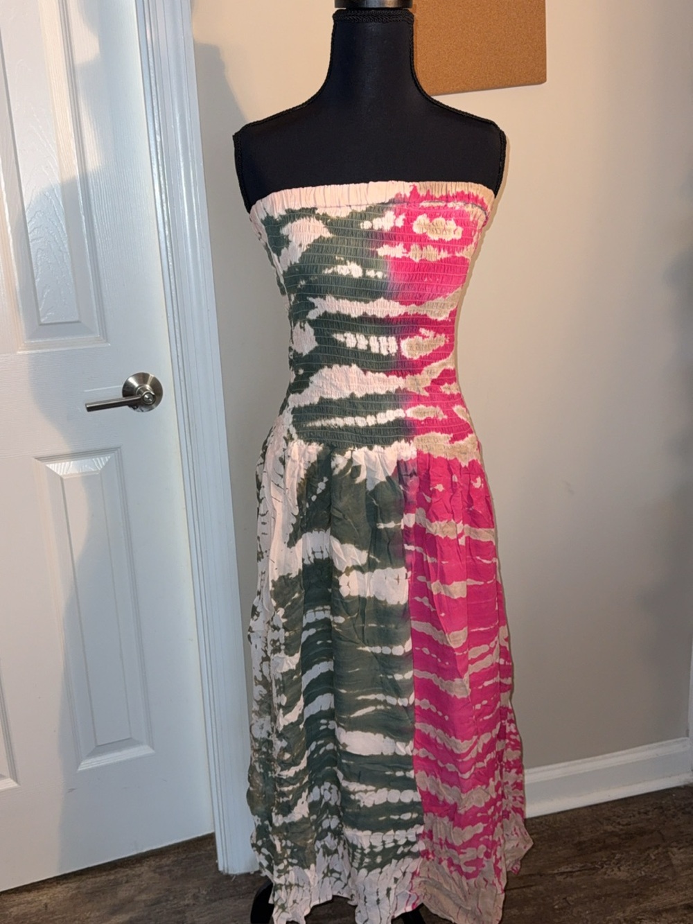 YFB Strapless Smocked Tie-Dye Maxi Dress in Pink & Olive